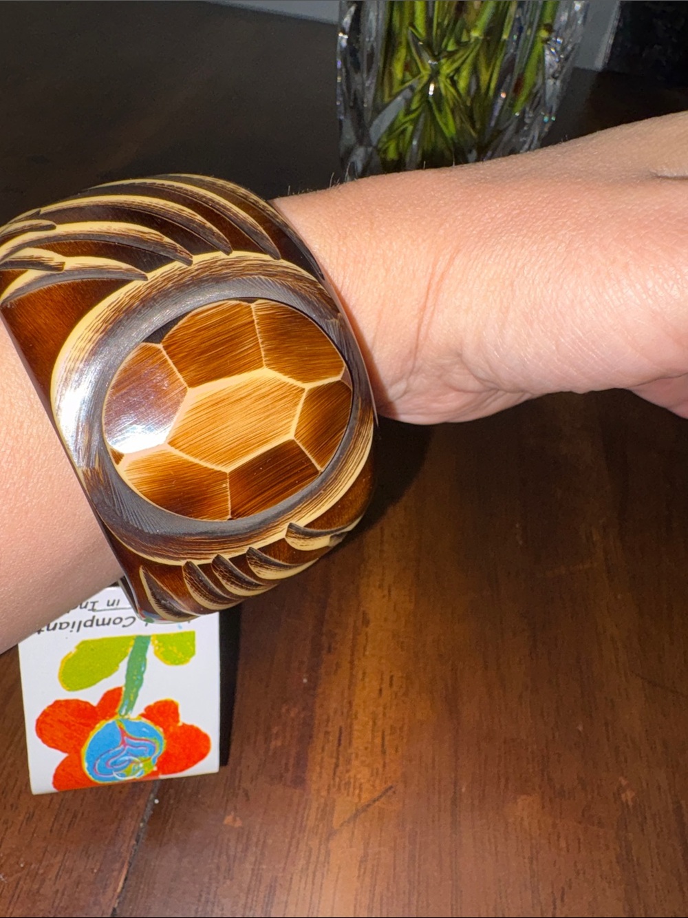 Hand-Carved Brown Wood Statement Bracelet. NWT made in India.